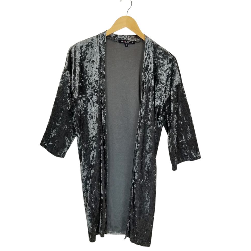 One Clothing Women's Crushed Velvet 3/4 Sleeve Open Front Kimono Top Size Small